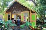 Visitors at a small wooden bar with bright green shutters surrounded by tropical foliage.