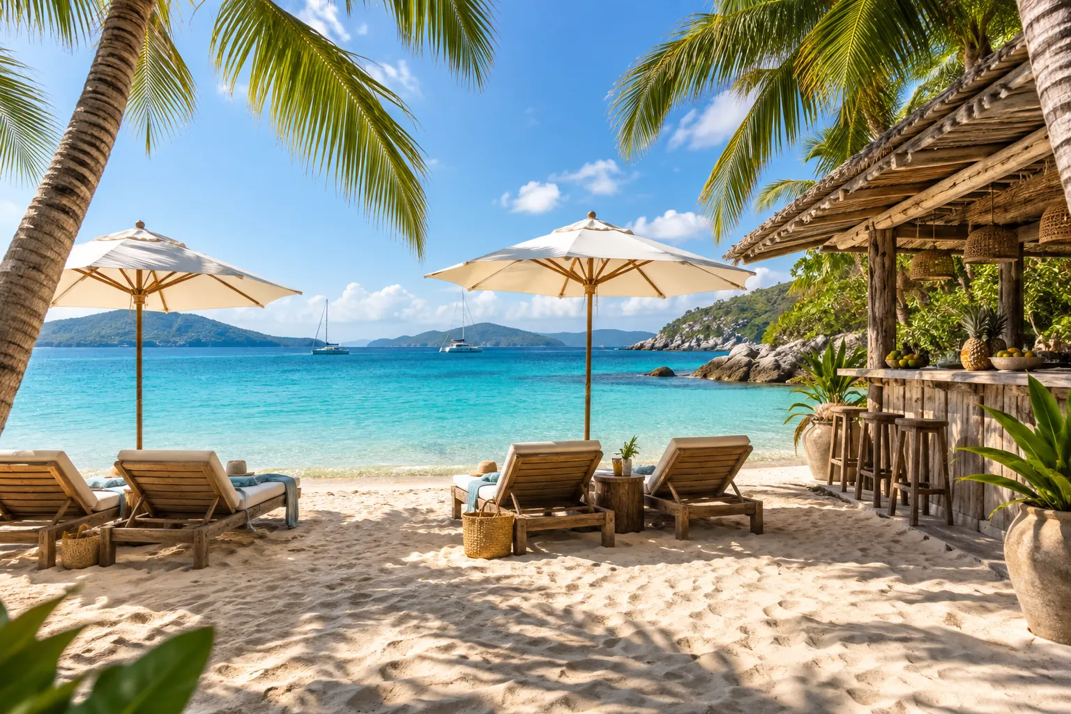 AI concept: beach loungers, umbrellas and a rustic tropical beach bar