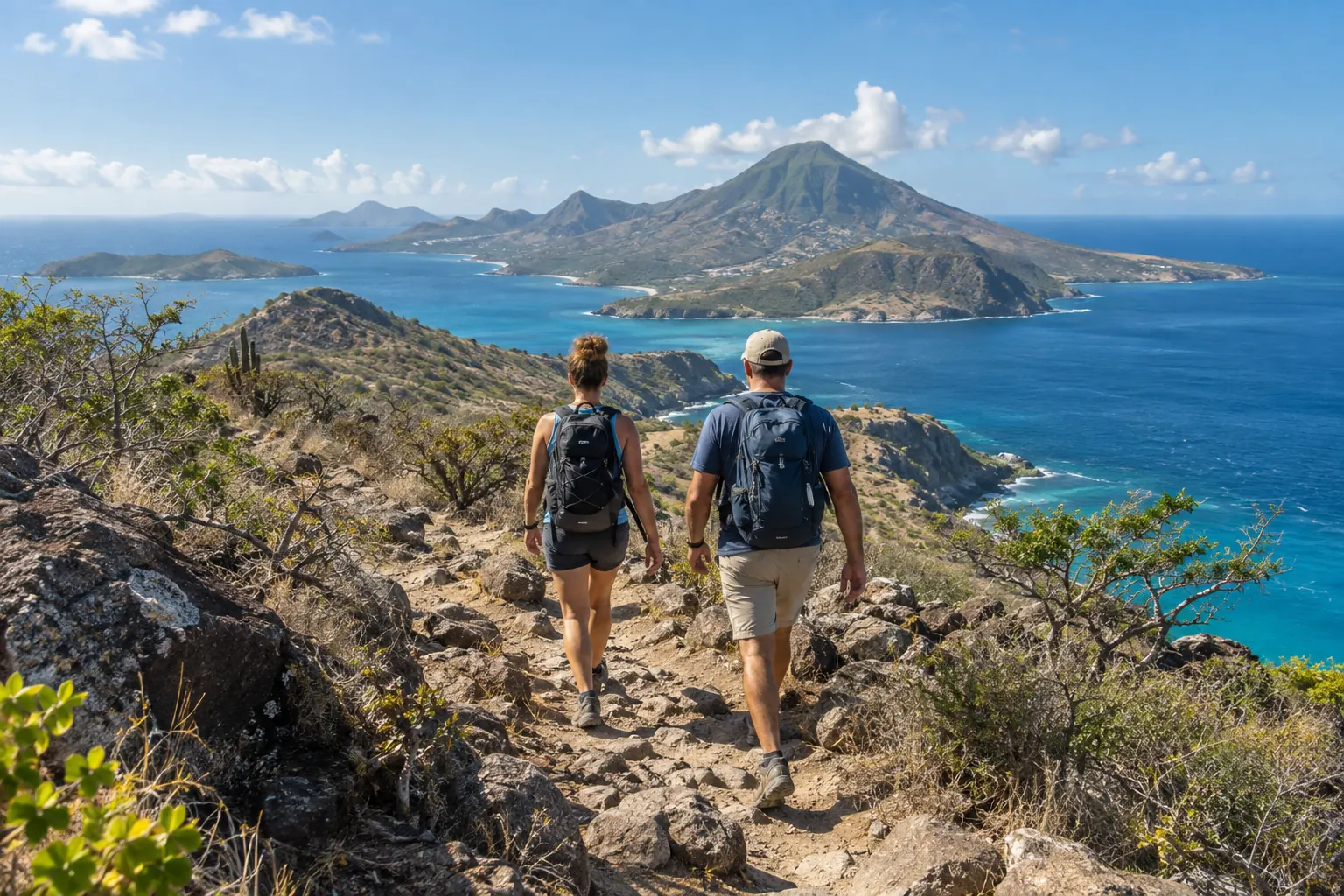 AI concept: two hikers in closed-toe shoes on a rocky Caribbean coastal trail