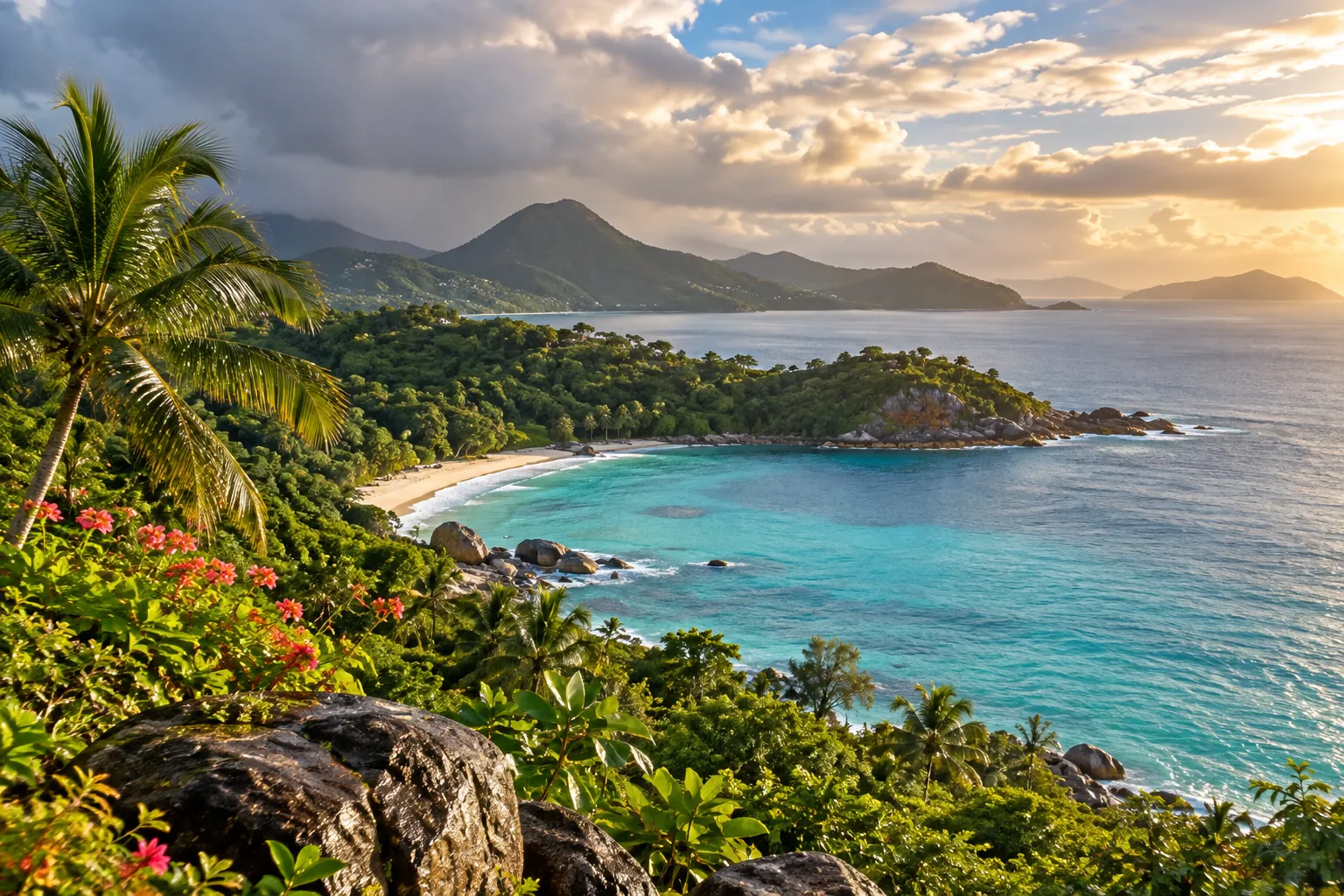 Illustration: Soft sunlight returning over a lush Caribbean coastline after light rain.