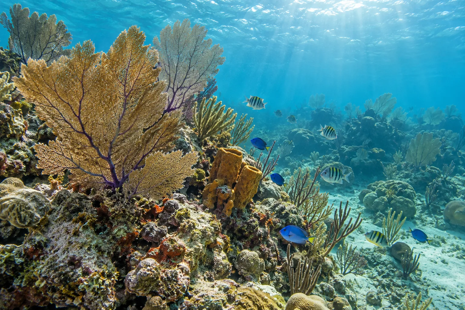 Illustration: Sea fans, coral and small reef fish in clear Caribbean water.