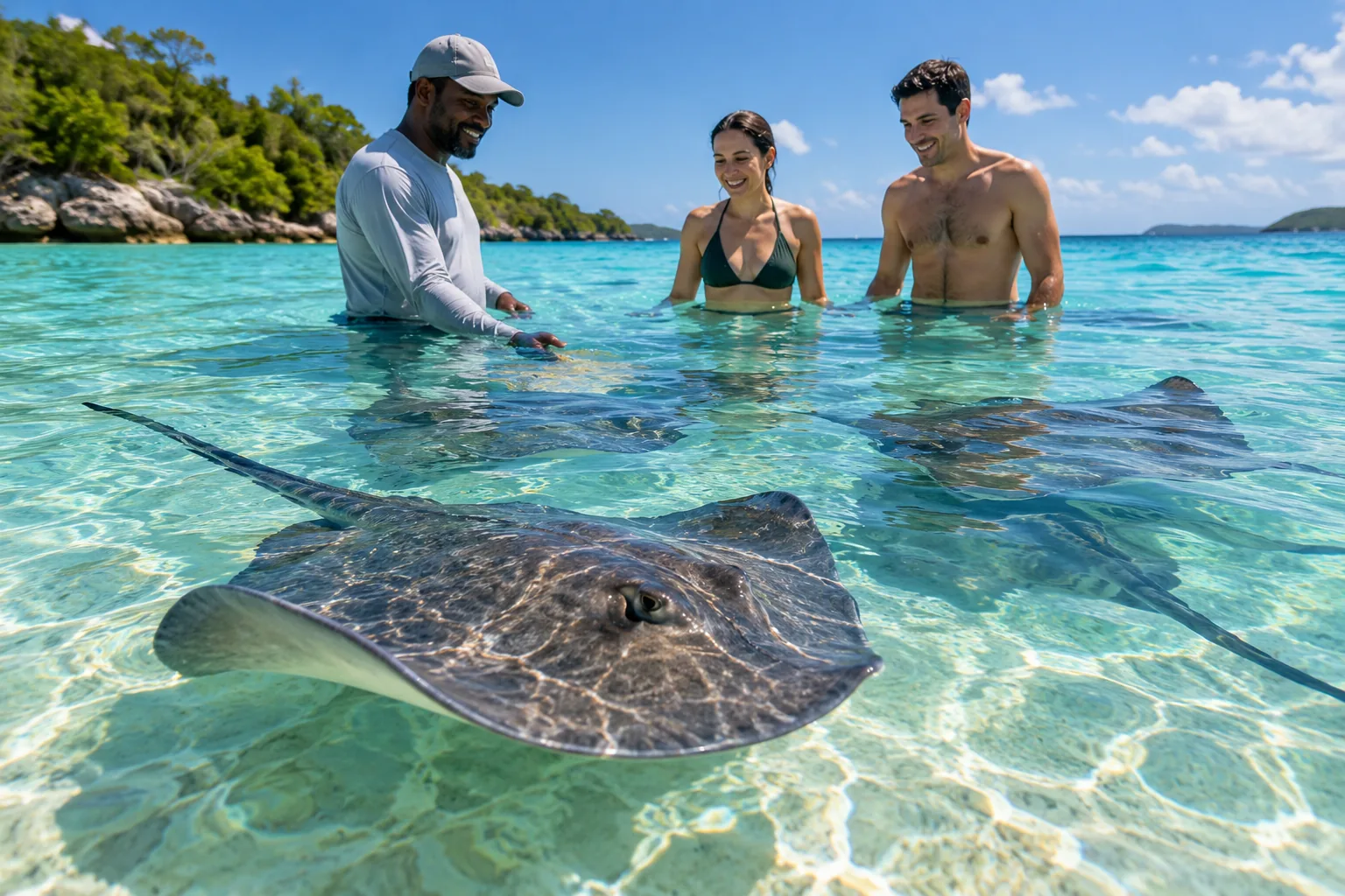 Illustration: Stingrays glide through clear shallows near a guide and adult visitors.