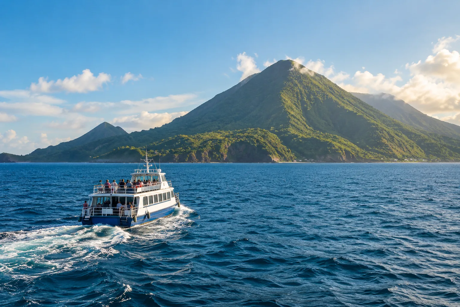Illustration: Passenger ferry heading toward a green volcanic island.