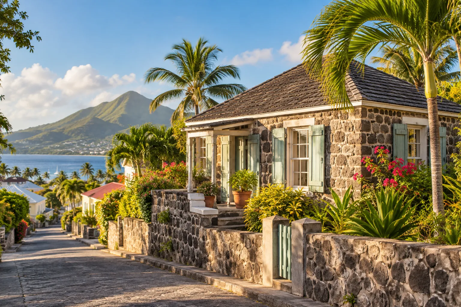 Illustration: A small historic stone house with wooden shutters and palms on a Caribbean town street.