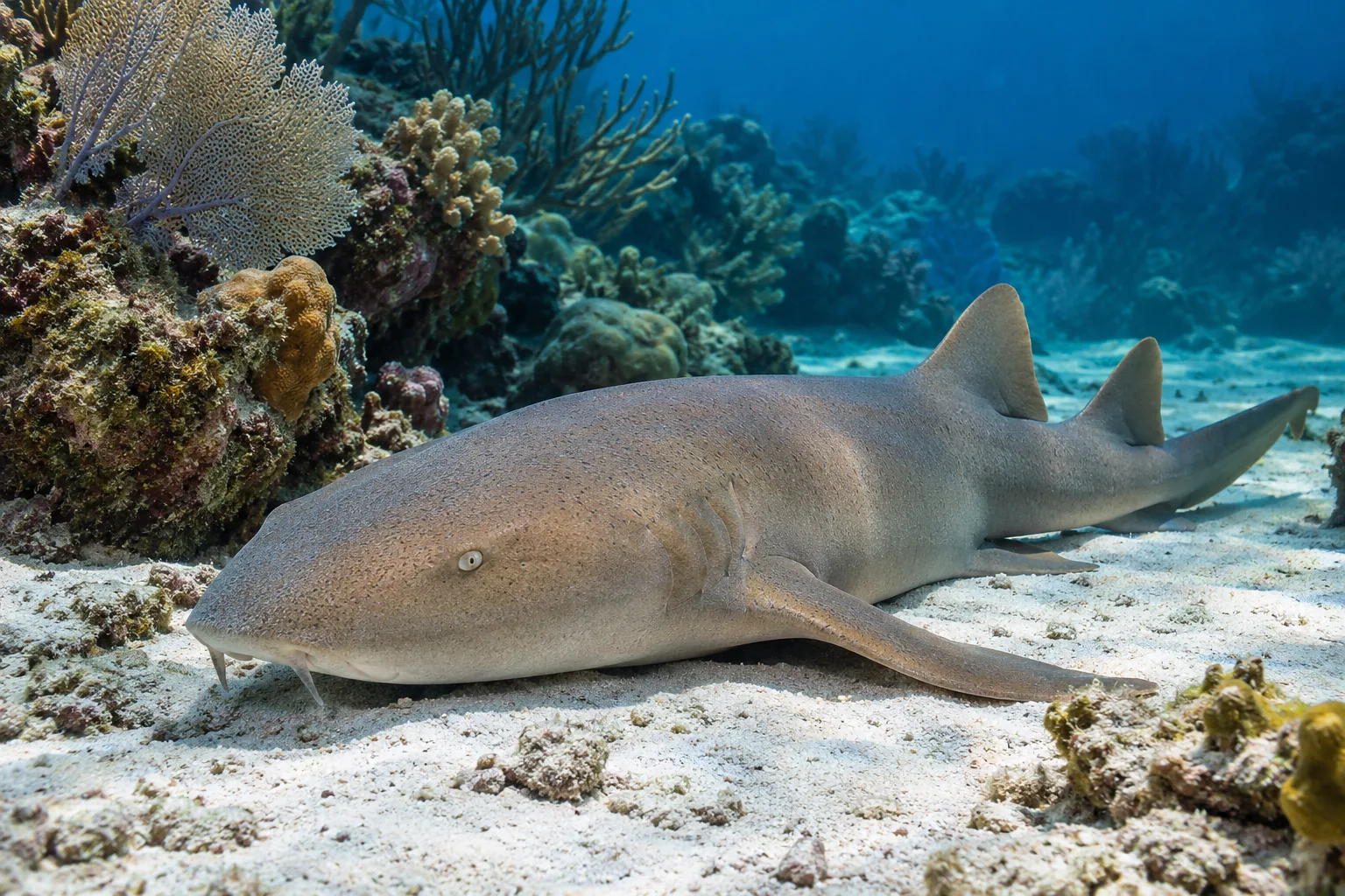 Illustration: A tawny nurse shark rests on sand beside a Caribbean reef.
