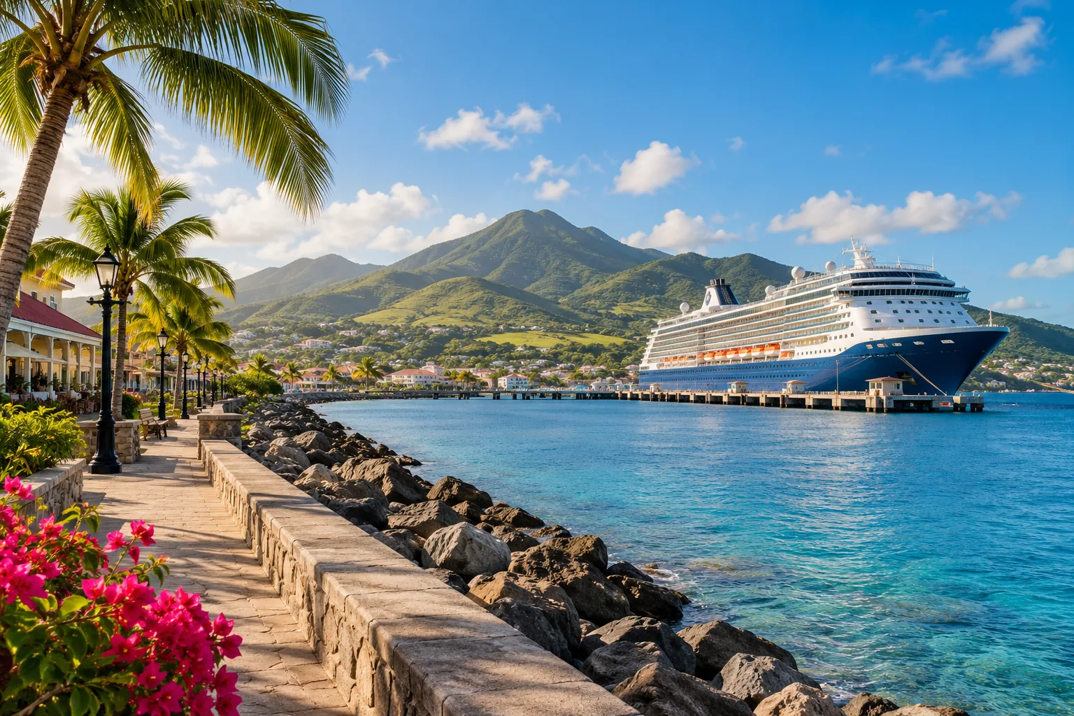 Illustration: Cruise ship docked beside a Caribbean waterfront promenade.