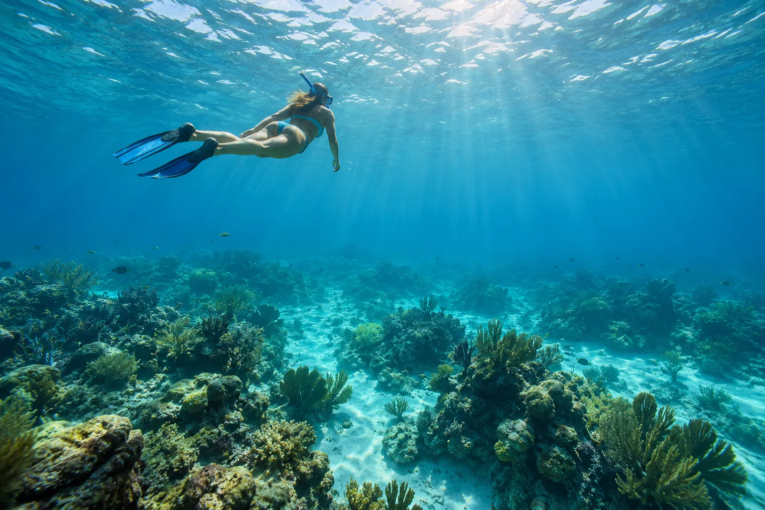 Illustration: A snorkeler swims well above a Caribbean reef without touching it.