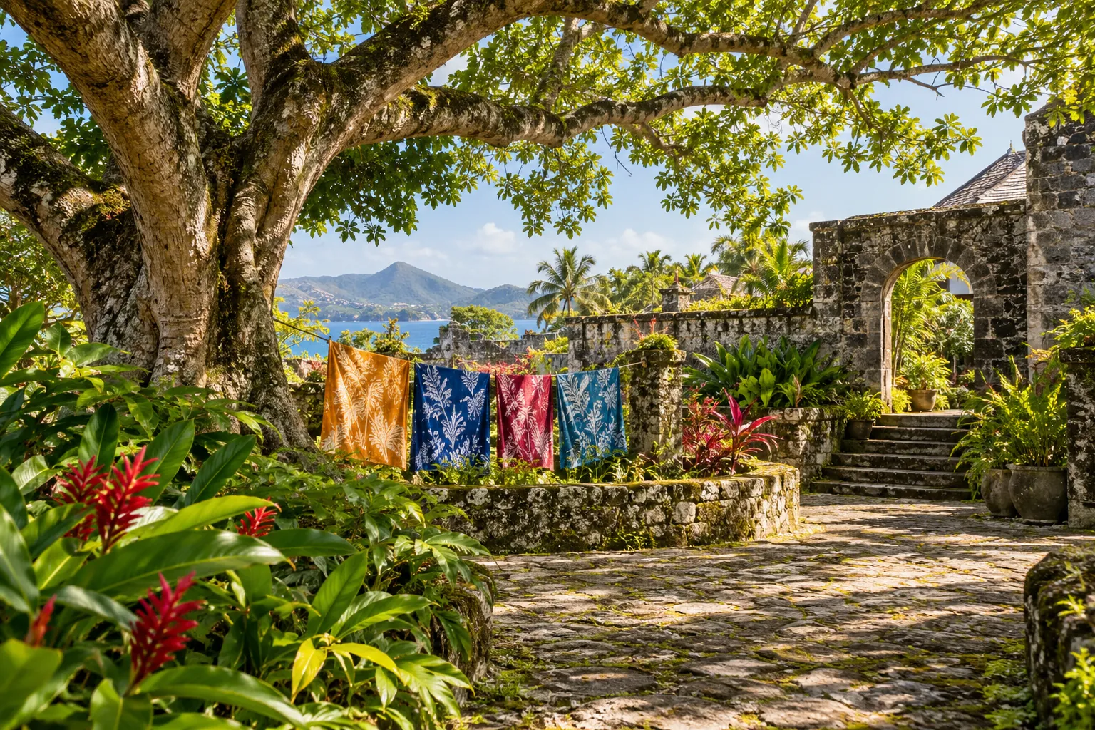 Illustration: A mature shade tree, tropical garden, weathered stone walls and colourful batik fabric.