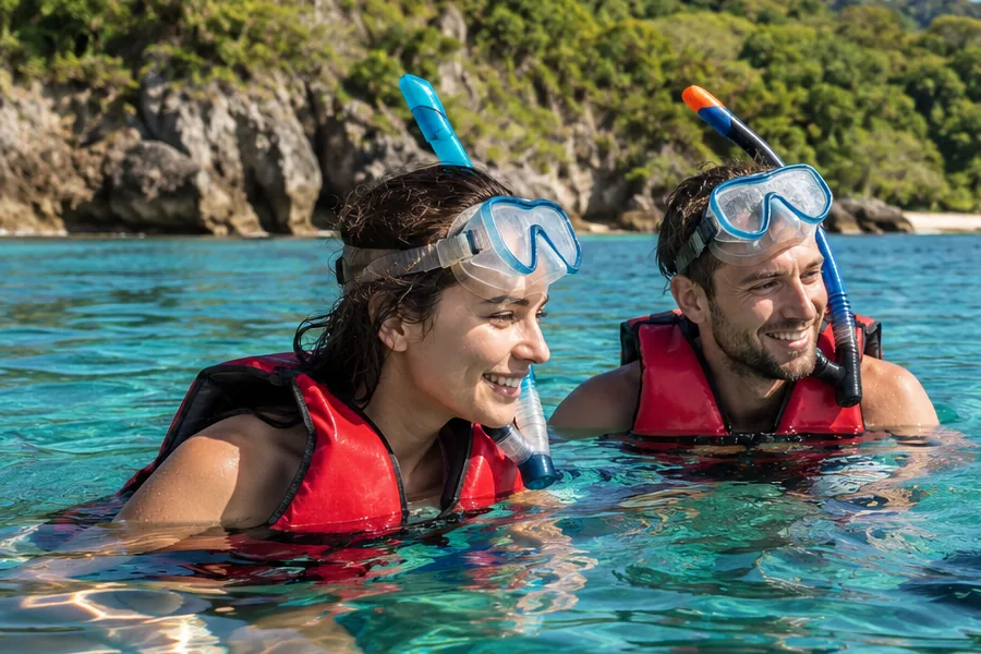 Illustration: Two adult beginners wearing snorkel masks and flotation vests in calm Caribbean water.