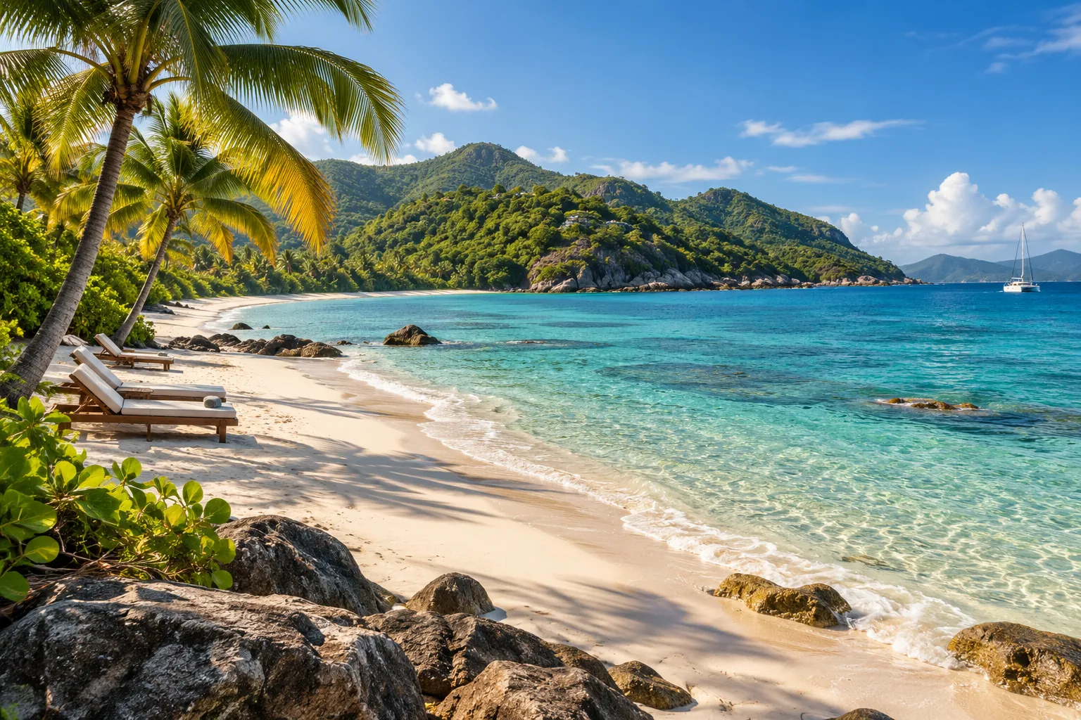 Illustration: A peaceful Caribbean beach with simple loungers, clear water and green hills.