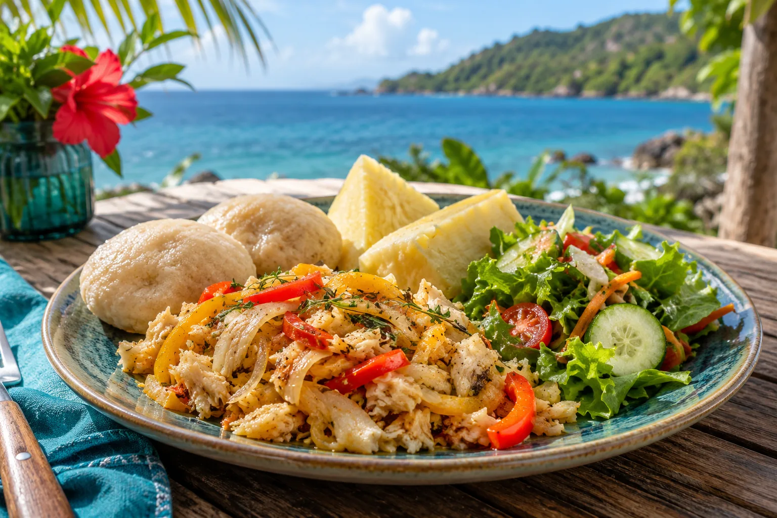 Illustration: Caribbean saltfish lunch with dumplings, breadfruit and green salad.