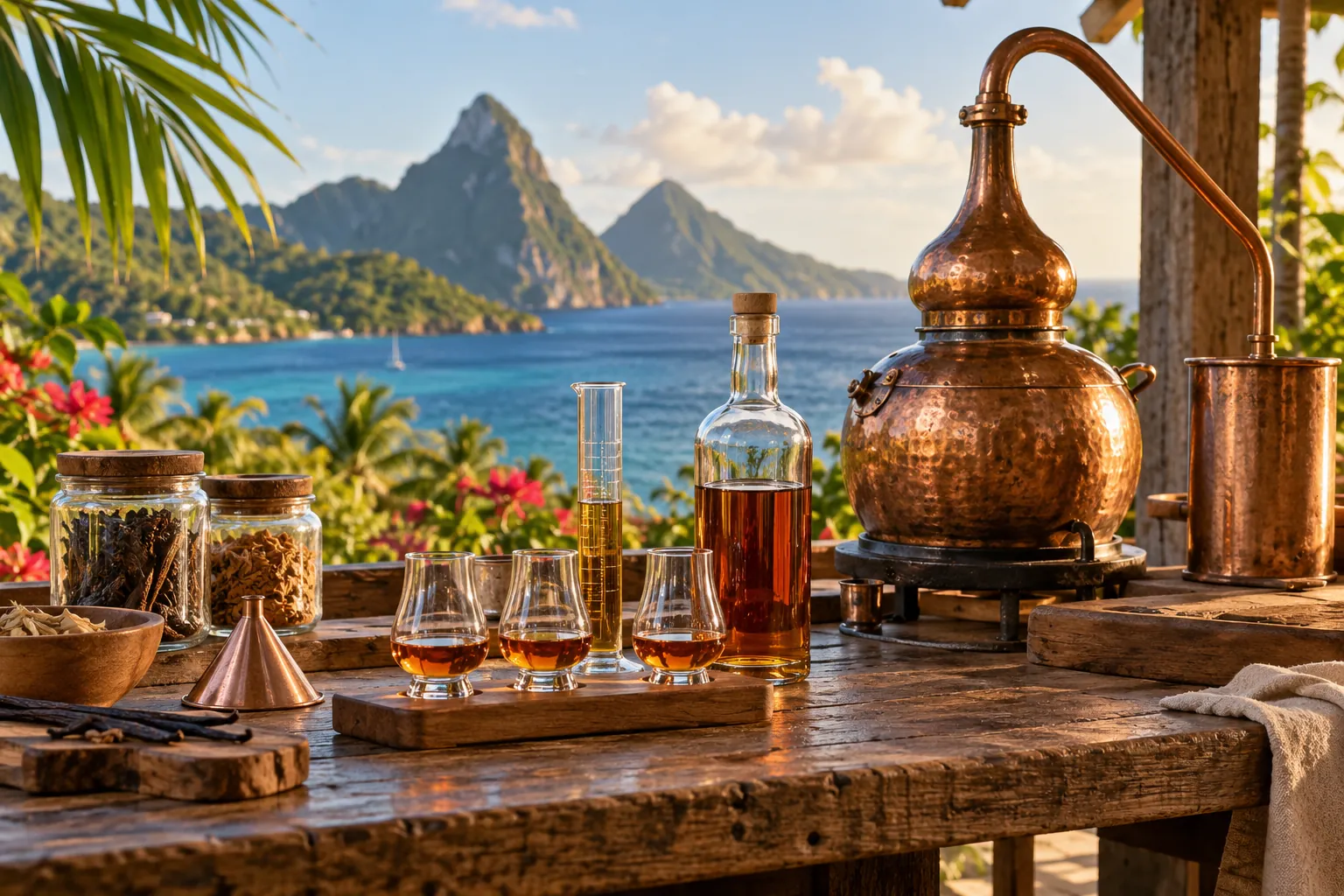 Illustration: Amber rum tasting glasses and a compact copper still overlooking the Caribbean Sea.