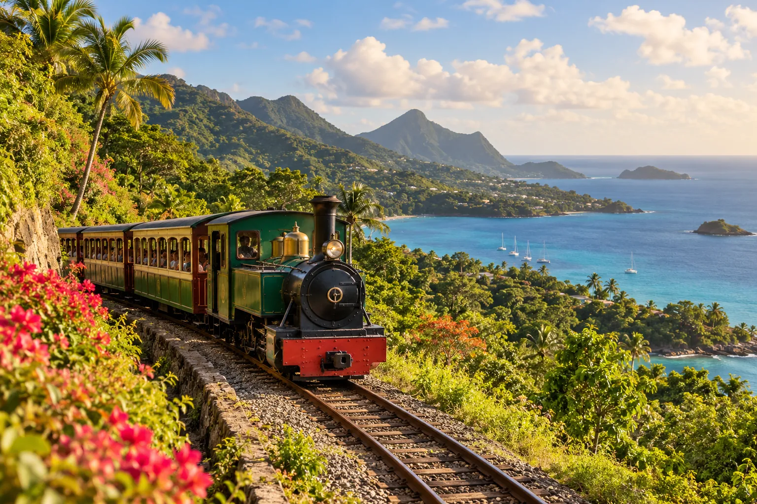 Illustration: A small heritage passenger train in green Caribbean countryside beside the sea.