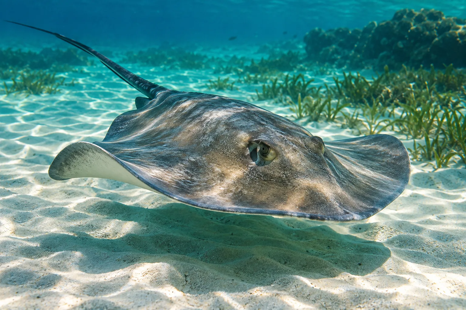 Illustration: A stingray gliding above rippled sand in clear shallow water.