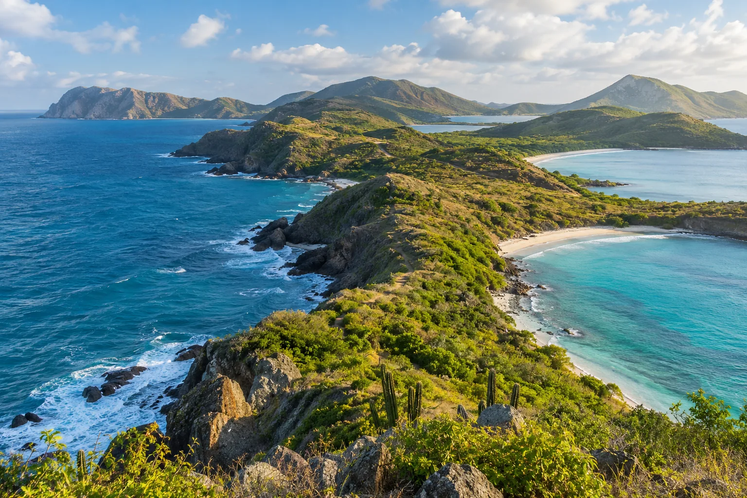 Illustration: Caribbean peninsula with green hills and blue water on both sides.